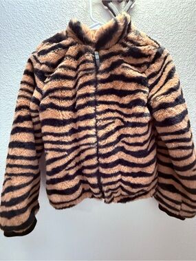 art class Plush Faux-Fur Tiger Stripe Jacket in Black & Tan